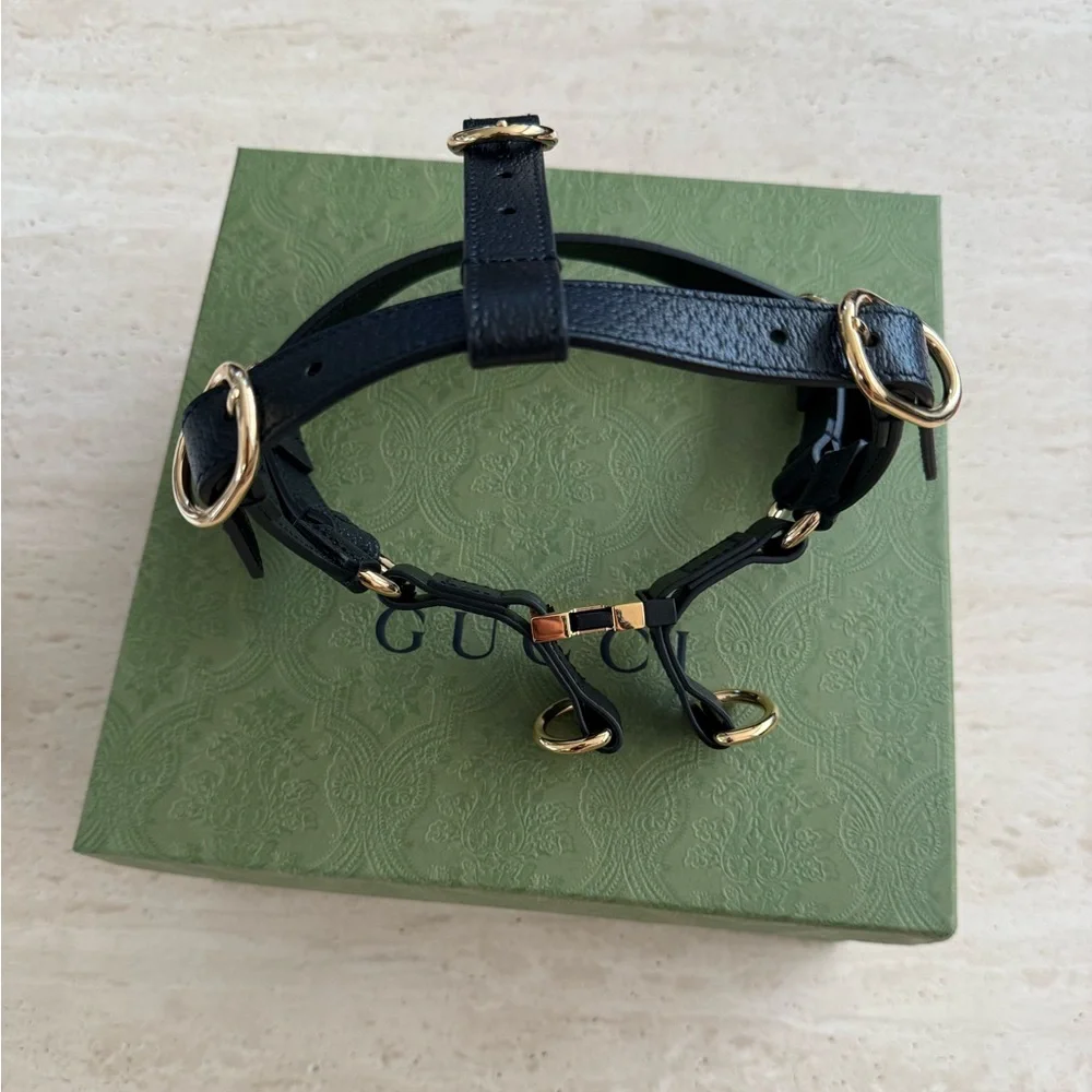 NWB Gucci GG Logo Black Leather Pet - Dog Harness with Gold Buckles Size M